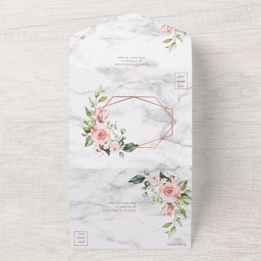 銅幾何学大理石ピンク結婚フローラのイン オールインワン招待状 (外側)