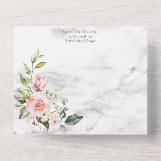 銅幾何学大理石ピンク結婚フローラ オールインワン招待状 (裏面)