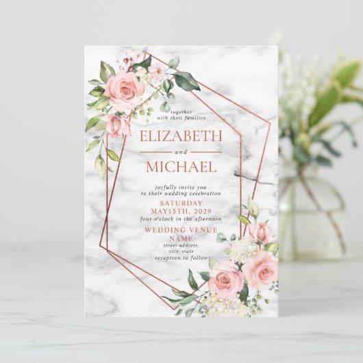 銅幾何学大理石ピンク結婚フローラ 招待状 (スタンド正面)