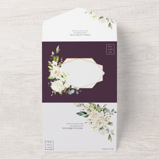 銅幾何学梅エレガント白結婚写真 オールインワン招待状 (外側)