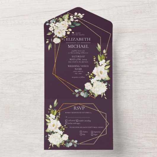 銅幾何学梅エレガント白結婚写真 オールインワン招待状 (内側)