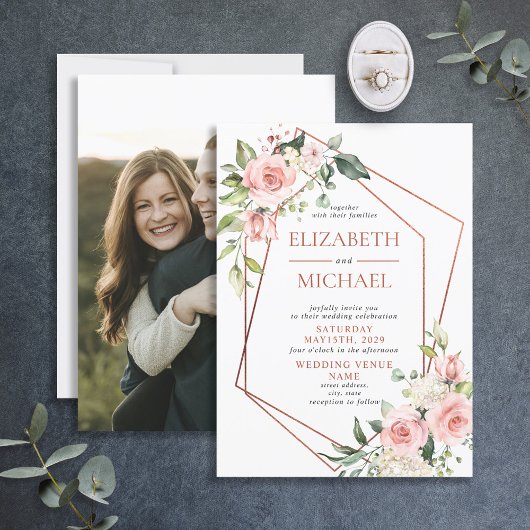 銅幾何学模様ピーチピンク結婚フローラ 招待状