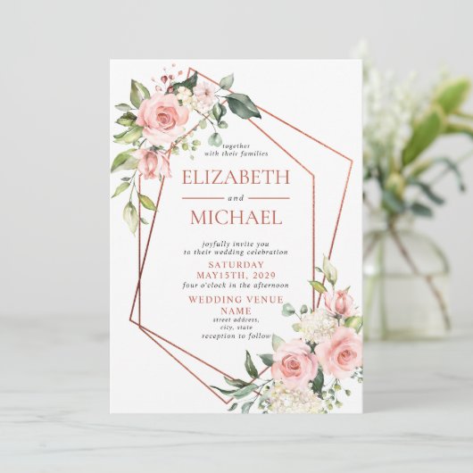 銅幾何学模様ピーチピンク結婚フローラ 招待状 (スタンド正面)