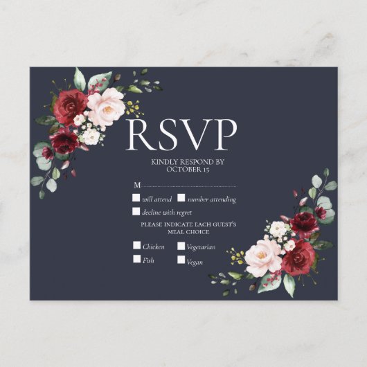 銅幾何学模様ブルガンディーブルーRSVP インビテーションポストカード (正面)