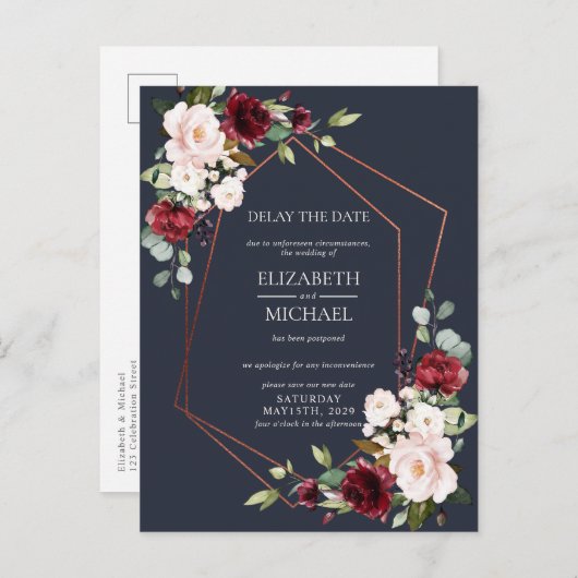 銅幾何学模様ブルゴーニュ青の遅延日 案内ポストカード (正面/裏面)