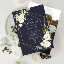 銅幾何学白色エレガント青結婚写真 招待状