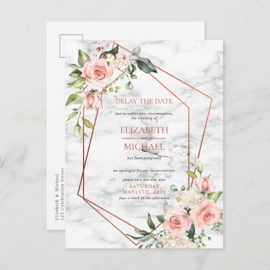 銅幾何学的な大理石のピンクの花卉遅延日付 案内ポストカード (正面/裏面)
