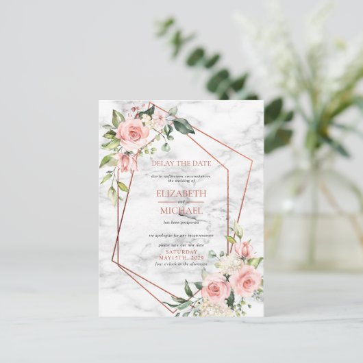 銅幾何学的な大理石のピンクの花卉遅延日付 案内ポストカード (スタンド正面)