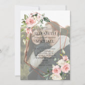 銅幾何学的ピンクのフローラVellumオーバーレイフォト 招待状 (正面)