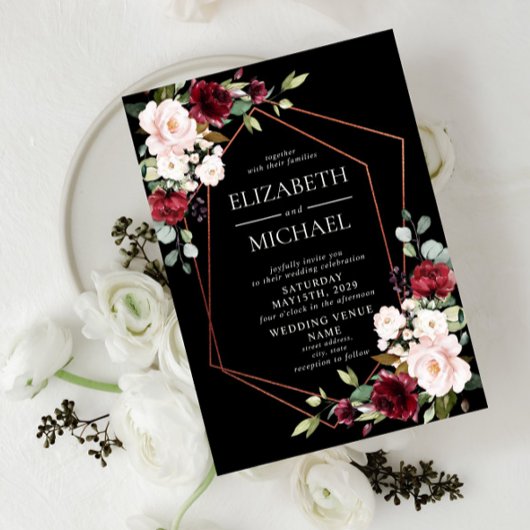 銅幾何学的ブルガンディーブラックフローラ結婚ズ 招待状