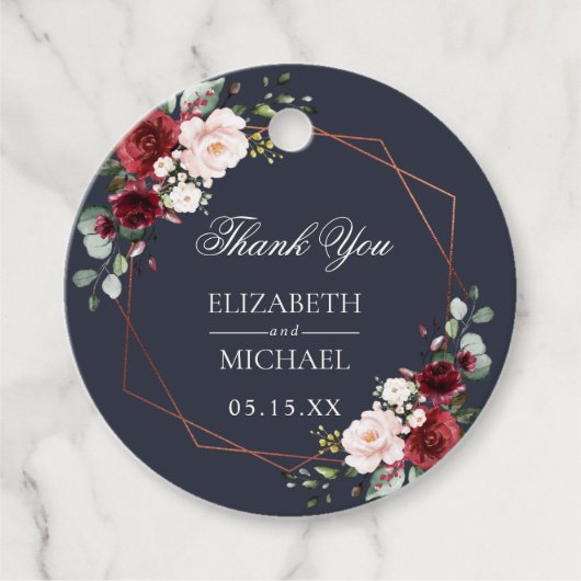 銅幾何学的ブルガンディーブルーエレガントな結婚式 フェイバータグ (正面)