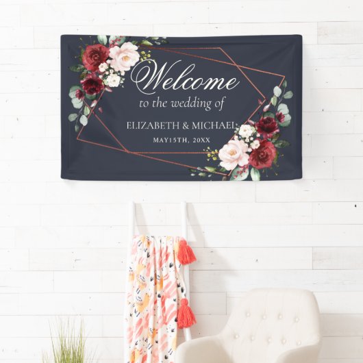 銅幾何学的ブルガンディーブルーエレガントな結婚式 横断幕 (インサイチュ)