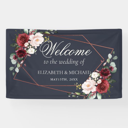 銅幾何学的ブルガンディーブルーエレガントな結婚式 横断幕 (横)