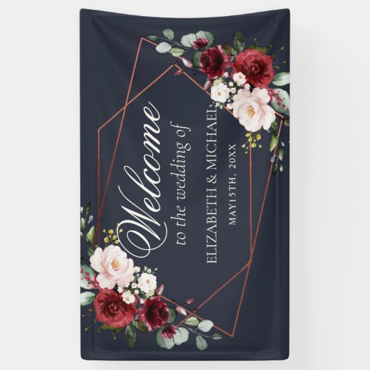 銅幾何学的ブルガンディーブルーエレガントな結婚式 横断幕 (縦)