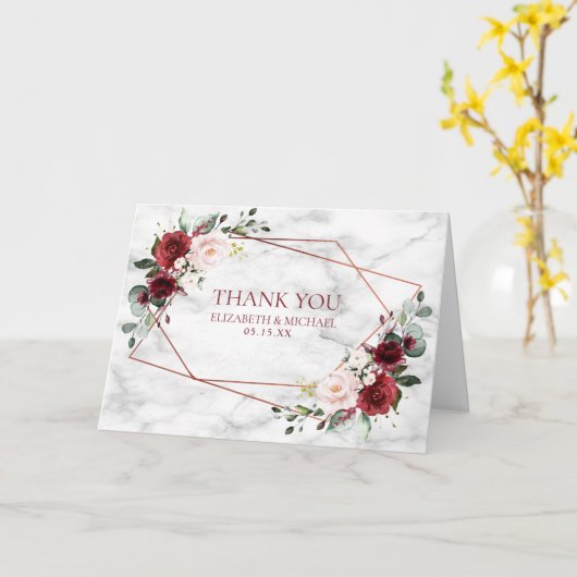 銅幾何学的ブルゴーニュ大理石結婚写真 カード (黄色い花)