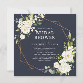 銅幾何学的ブルーホワイトフローラスクエアシャワー 招待状 (正面)