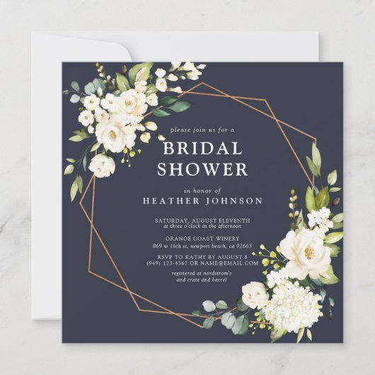 銅幾何学的ブルーホワイトフローラスクエアシャワー 招待状 (正面)