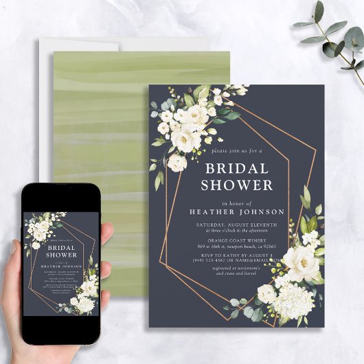 銅幾何学的ブルーホワイトフローラブライダルシャワー 招待状