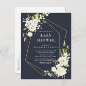 銅幾何学的ブルーホワイトフローラベビーシャワー 案内ポストカード (正面/裏面)