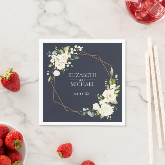 銅幾何学的ブルーホワイトフローラ結婚ズナプキン スタンダードカクテルナプキン (インサイチュ)