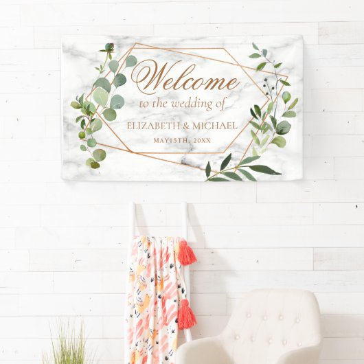 銅幾何学的ユーカリ大理石エレガントな結婚式 横断幕 (インサイチュ)