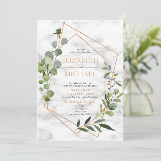 銅幾何学的ユーカリ大理石エレガント写真 招待状 (スタンド正面)