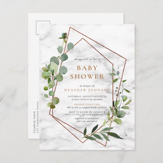 銅幾何学的ユーカリ大理石ベビーシャワー 案内ポストカード (正面/裏面)