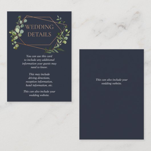 銅幾何学的ユーカリ結婚ブルー詳細 エンクロージャーカード (正面/裏面)