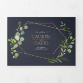 銅幾何学的ユーカリ青エレガントな結婚式 三つ折り招待状 (カバー)