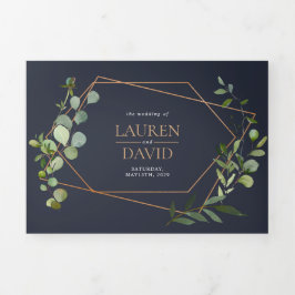 銅幾何学的ユーカリ青エレガントな結婚式 三つ折り招待状