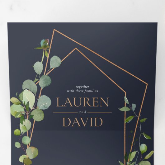 銅幾何学的ユーカリ青エレガントな結婚式 三つ折り招待状 (内部最初)