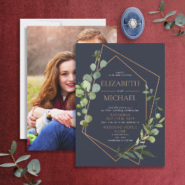 銅幾何学的ユーカリ青エレガント写真 招待状