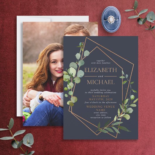 銅幾何学的ユーカリ青エレガント写真 招待状