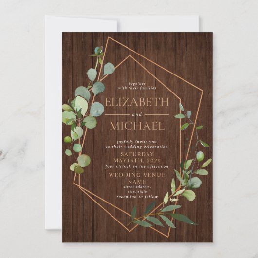 銅幾何学的素朴ユーカリ木写真 招待状 (正面)