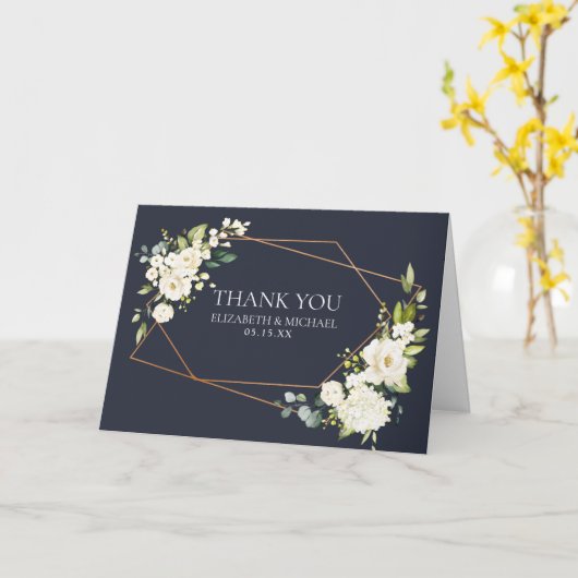銅幾何学青の白いフローラ結婚写真 カード (黄色い花)