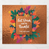 銅張りの背景に秋の落ち葉と感謝祭 スパークリングワインラベル (シングルラベル)