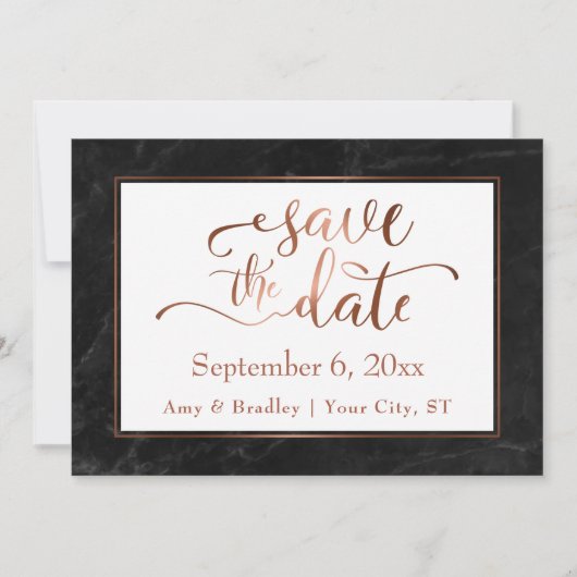 銅筆記体と黒大理石の結婚式Save the Date セーブザデート (正面)
