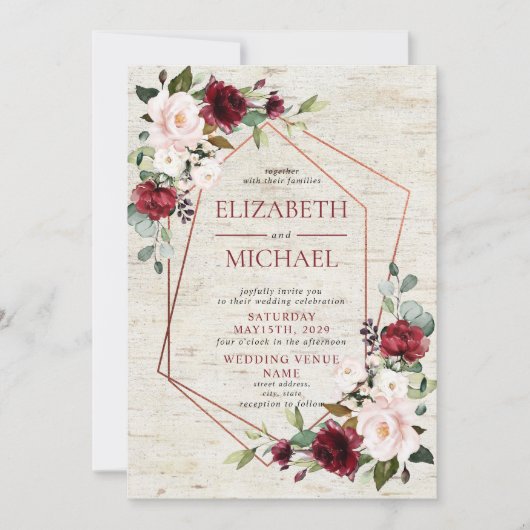 銅素朴幾何学的ブルゴーニュ結婚ー写真 招待状 (正面)