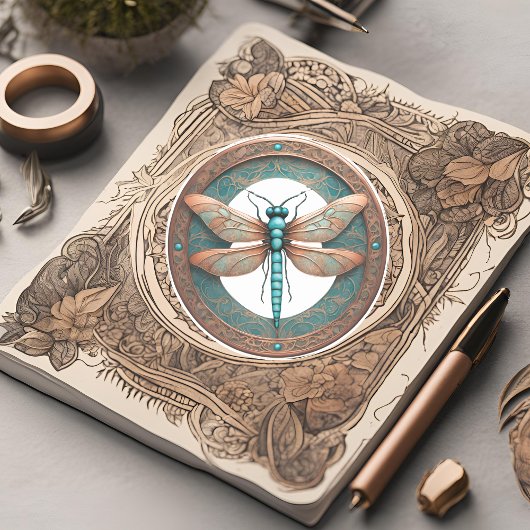 銅色トンボのターコイズ背景 シール