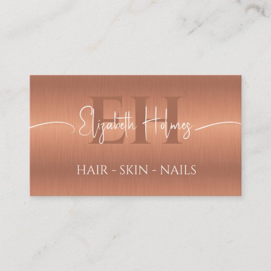 銅茶色エレガントモノグラムメイクアップアーティストQR 名刺 (正面)