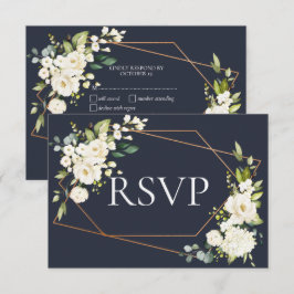 銅製ジオメトリックブルーホワイトフローラRSVP 出欠カード