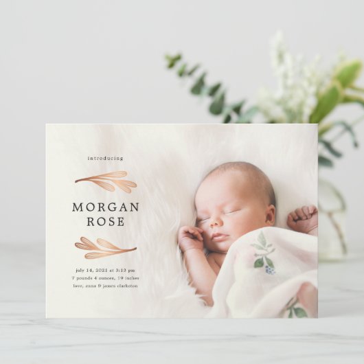 銅金ゴールドの葉の誕生のお知らせ 招待状 (スタンド正面)