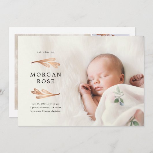 銅金ゴールドの葉の誕生のお知らせ 招待状 (正面/裏面)