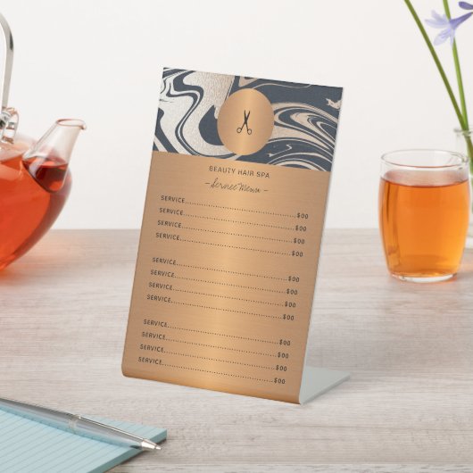 銅金ゴールド黒大理石ヘアサロンサービスメニュー 台座サイン (インサイチュ)