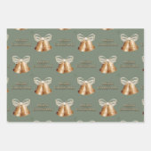 銅鐘と緑の雪の結晶クリスマス ラッピングペーパーシート (正面)