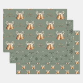 銅鐘と緑の雪の結晶クリスマス ラッピングペーパーシート