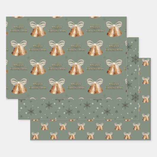 銅鐘と緑の雪の結晶クリスマス ラッピングペーパーシート (セット)