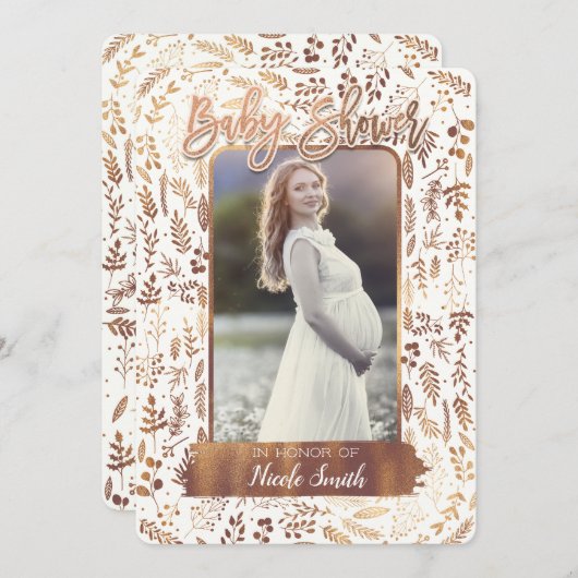 銅青銅ゴールドフォイルモダンベビーシャワー写真 招待状 (正面/裏面)
