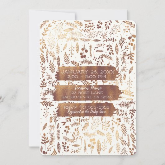 銅青銅ゴールドフォイルモダンベビーシャワー写真 招待状 (裏面)