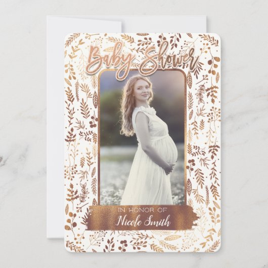 銅青銅ゴールドフォイルモダンベビーシャワー写真 招待状 (正面)